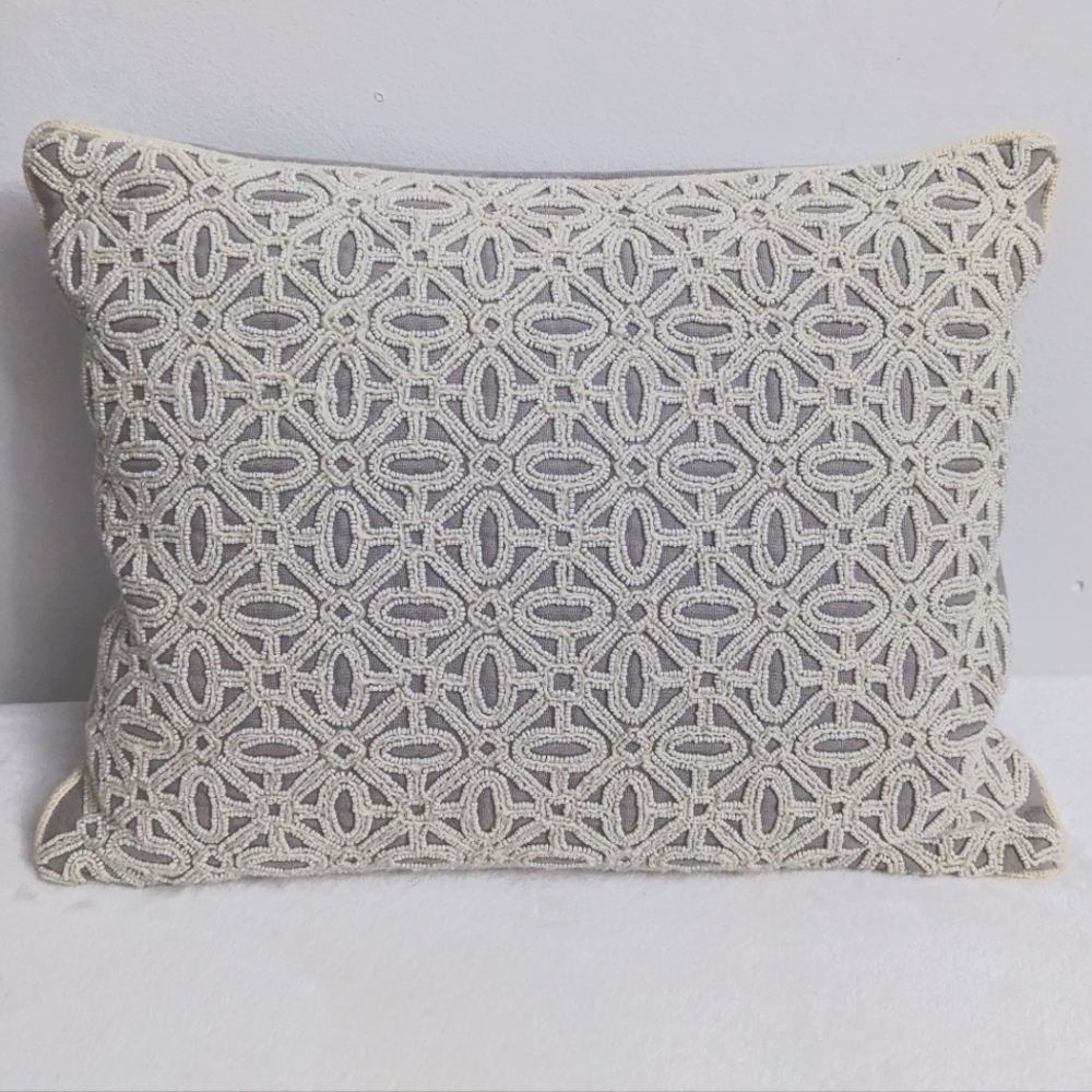 Kim Seybert Rare Embroidered Wool & Hand Beaded Luxury Decorative Down Pillow
